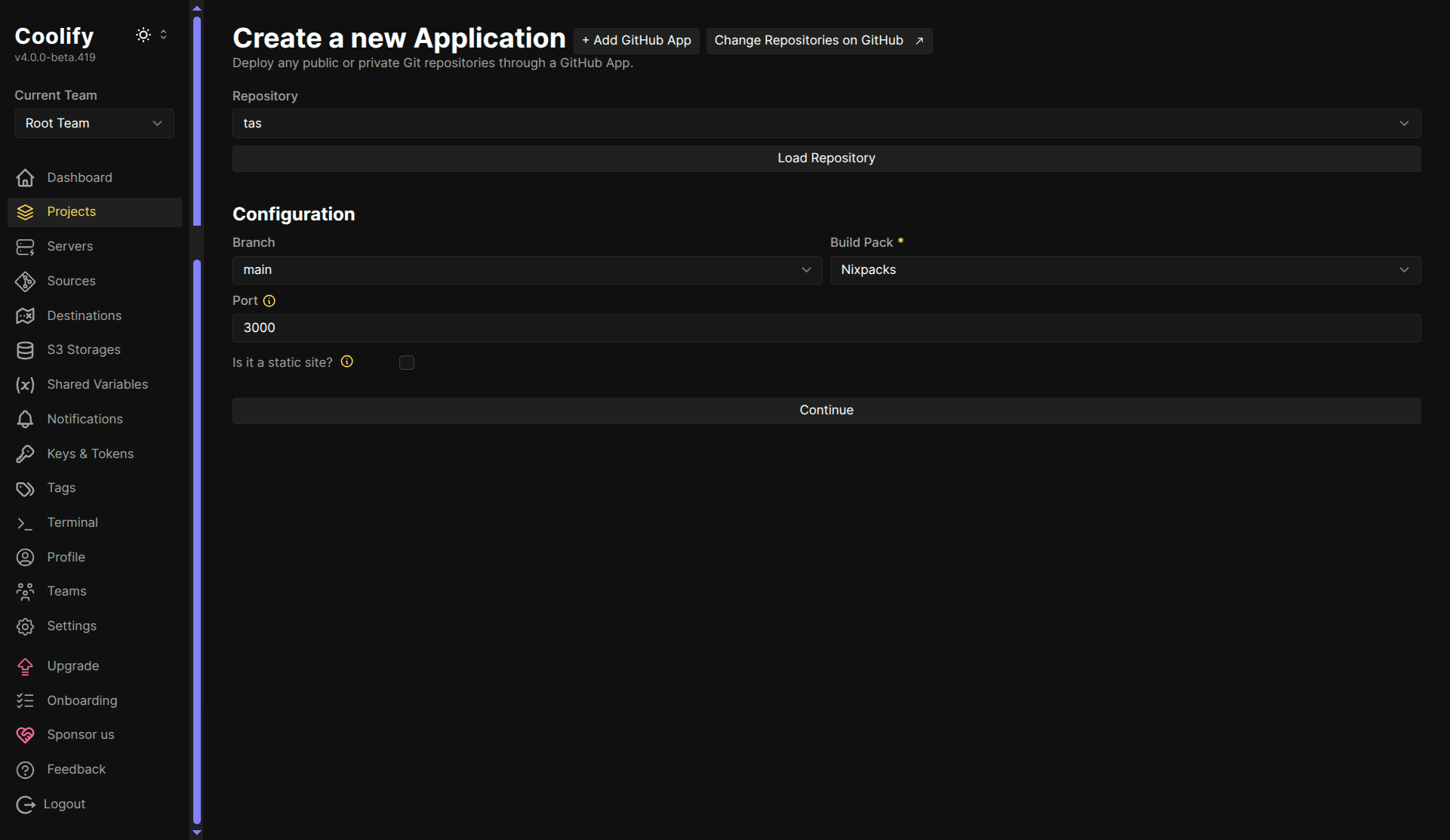 Coolify Project Create New Application