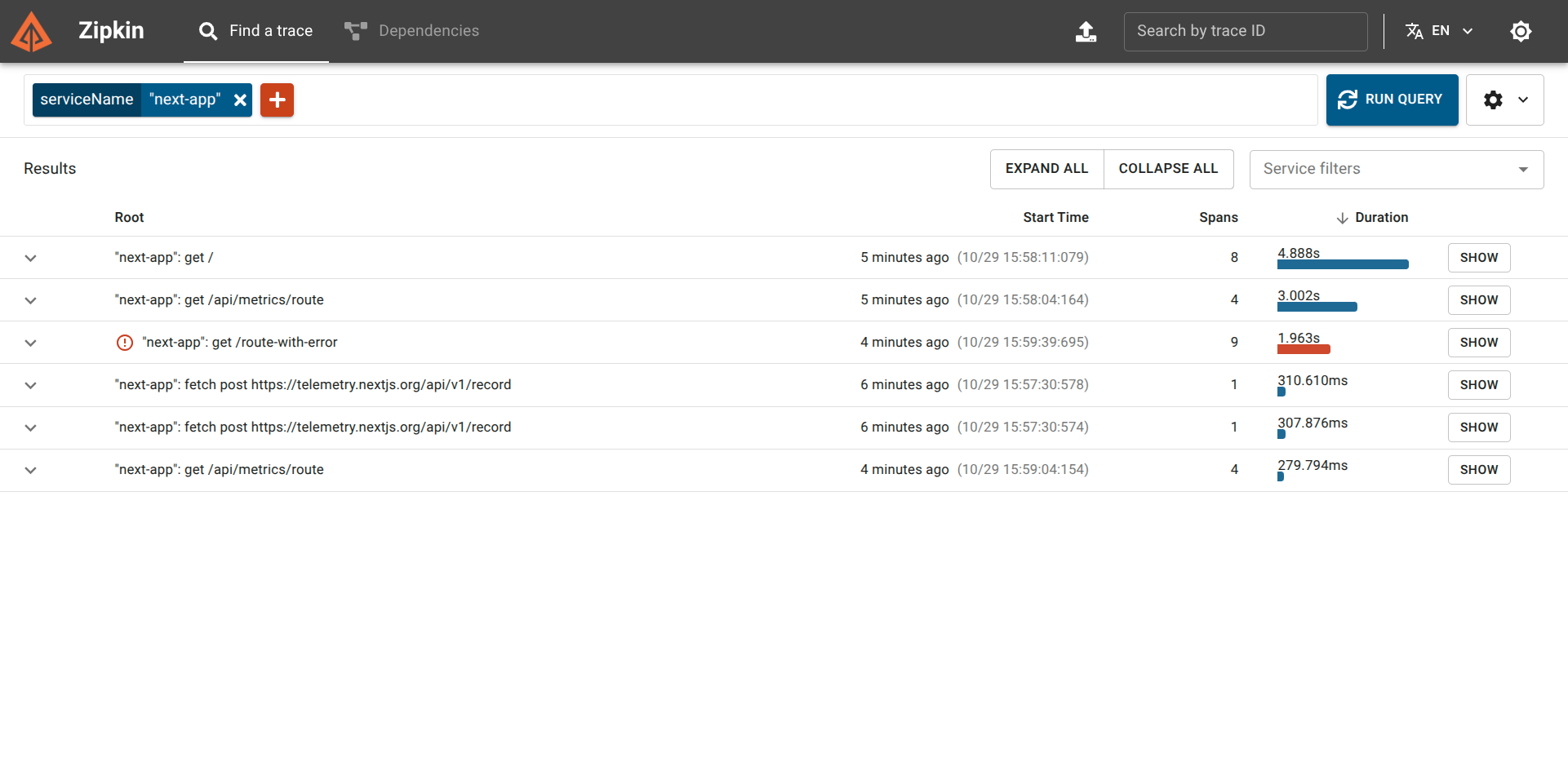 zipkin detecing route with error