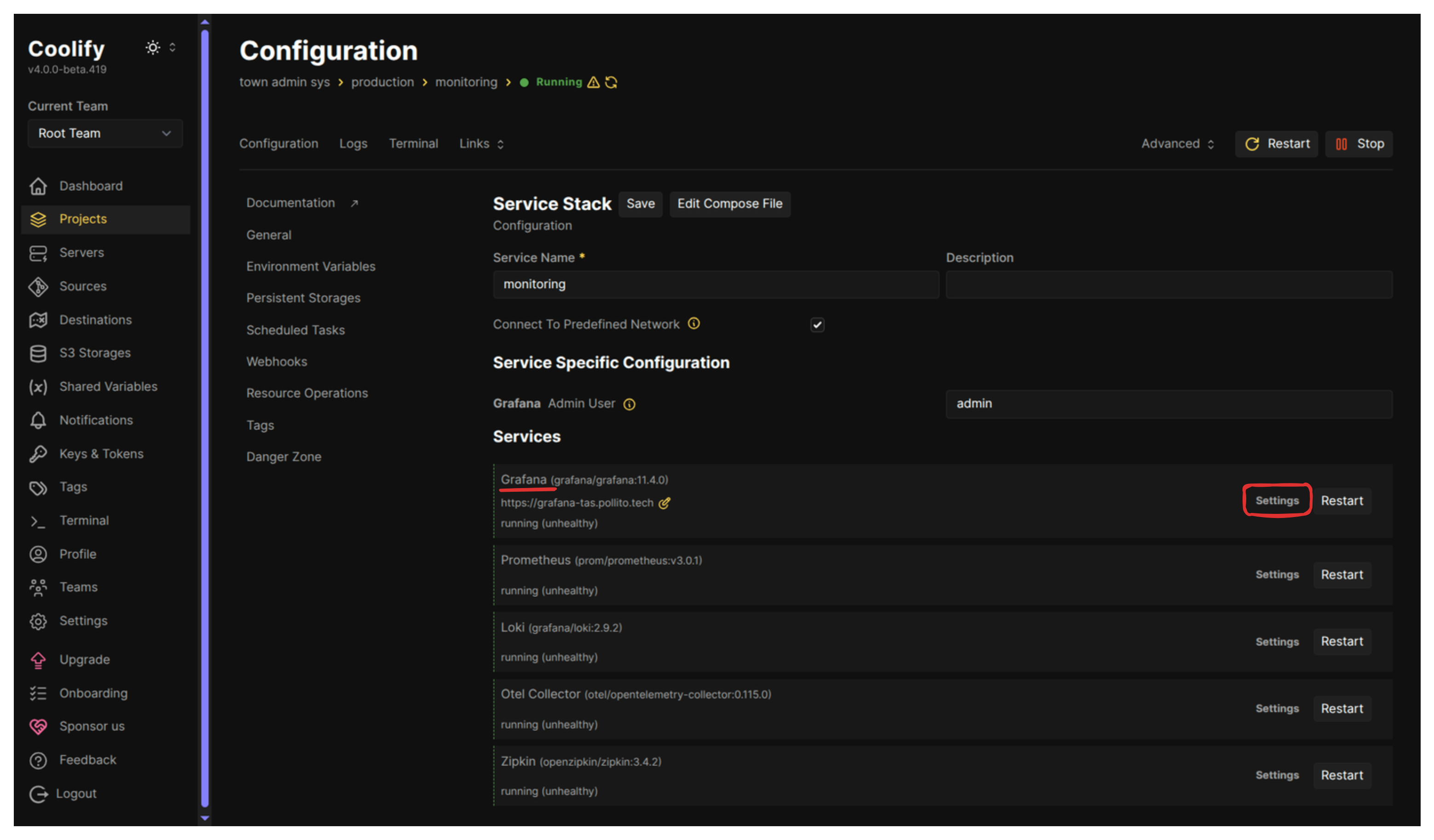Seatch for Grafana settings