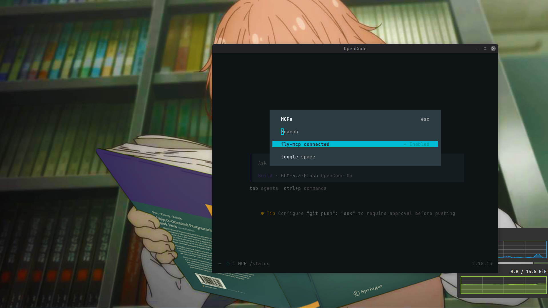opencode TUI MCPs dialog showing fly-mcp connected