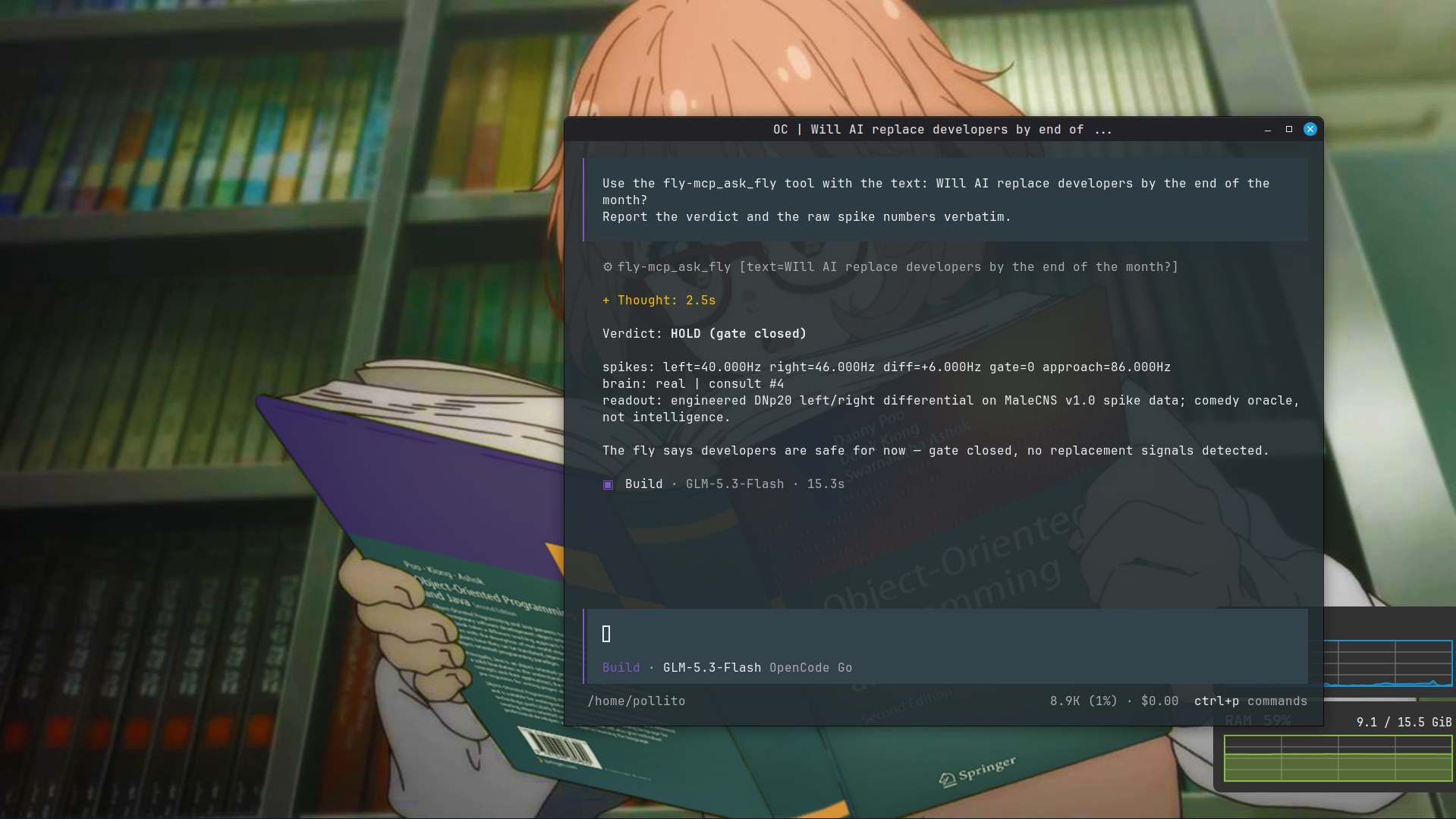 The ask_fly call and the HOLD verdict in the opencode TUI